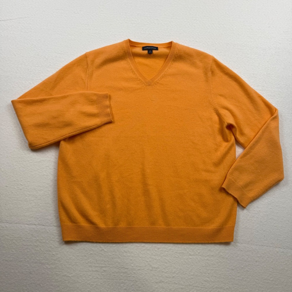 Lands' End V-Neck Sweater 100% Cashmere Vintage Preppy Quiet Luxury Orange L/P - Picture 2 of 11